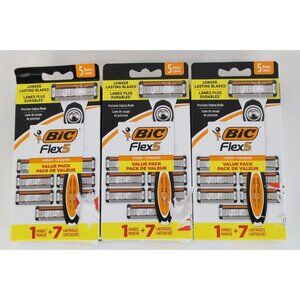 Lot of 3 New Bic Flex 5 Refillable Face Razors 1 Handle 7 Cartridges Value Pack